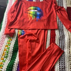 2 pcs off shoulder red pant set good condition